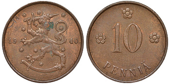 Финляндия 10 пенни 1940 республика (1918-1962) KM 24 медь 51-3335