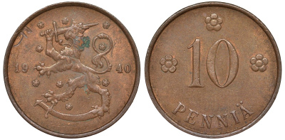 Финляндия 10 пенни 1940 республика (1918-1962) KM 24 медь 51-3335