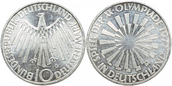 ФРГ 10 МАРОК 1972 G, ОЛИМПИАДА, СПИРАЛЬ KM 130, J.401a серебро UNC 1520-1414