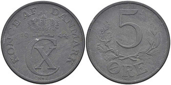 ДАНИЯ 5 ЭРЕ 1944 N ; S, КРИСТИАН X (1912-1947) KM 834a цинк 38-411