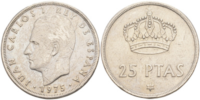 Испания 25 песет 1975 (76) Хуан Карлос I (1975-2014) KM 808 медно-никель 106-221