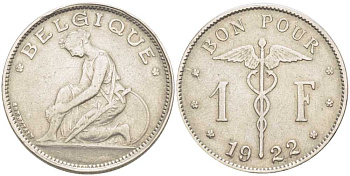 Бельгия 1 франк 1922 Belgique, Альберт I (1910-1934) KM 89 никель 202-914