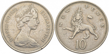 Великобритания 10 пенсов 1968 Елизавета II (1952-2022) KM 912, Spink 4231 (F1) медно-никель 114-1122