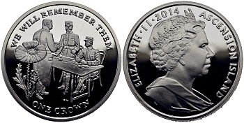 Остров Вознесения 1 крона 2014 в память героев первой мировой войны, допрос KM NEW серебро PROOF 1071-3-42