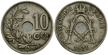 Бельгия 10 сантимов 1921 Belgie KM 86 медно-никель 4172-616