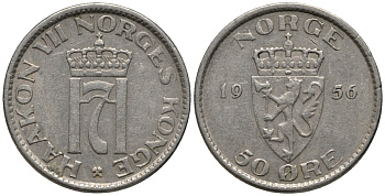 Норвегия 50 эре 1956 Хокон VII (1905-1957) KM 402 медно-никель 4577-747