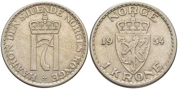 НОРВЕГИЯ 1 КРОНА 1954 ХОКОН VII (1905-1957) KM 397.2 медно-никель 119-941
