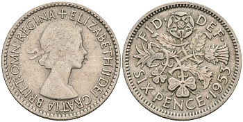 Великобритания 6 пенсов 1953 Елизавета II (1952-2022) KM 889, Spink 4141 медно-никель 4596-1035