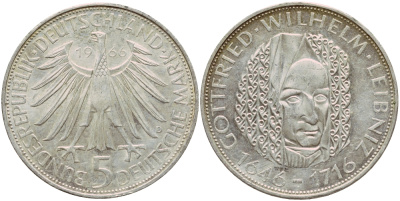 ФРГ 5 марок 1966 D, 250 лет со дня смерти Готфрида Вильгельма Лейбница J. 394, KM 119.1 серебро aUNC 1529-132
