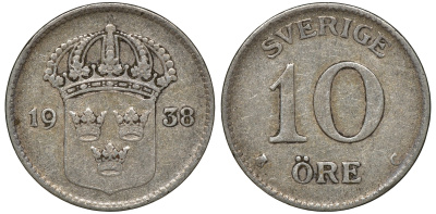 Швеция 10 эре 1938 G, Густав V (1907-1950) KM 780 серебро 4179-626