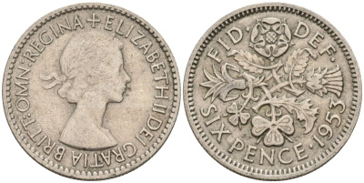 Великобритания 6 пенсов 1953 Елизавета II (1952-2022) KM 889, Spink 4141 медно-никель 4596-1035