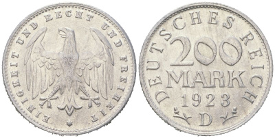 Германия 200 марок 1923 D KM 35 алюминий aUNC 31-1021