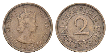 Маврикий 2 цента 1955 Елизавета II (1952-2022) KM 32 бронза 4706-721