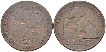 БЕЛЬГИЯ 2 САНТИМА 1856 BELGES KM 4.2 медь 4448-635