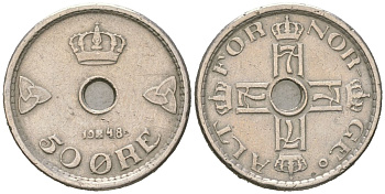 Норвегия 50 эре 1948 Хокон VII (1905-1957) KM 386 медно-никель 4617-941