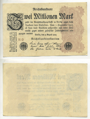 Германия 2000000 марок 1923 9 августа 1923, водяной знак L, серия RD Pick 104 b, Rosenberg 103 c бумага 7217-69-2-2