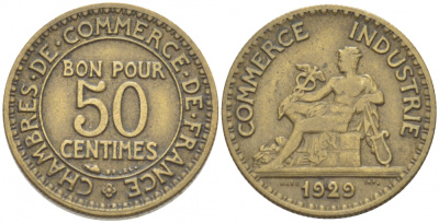 ФРАНЦИЯ 50 САНТИМОВ 1929 KM 884 алюминиевая бронза 3309-1029