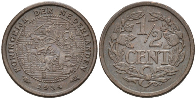 Нидерланды 1/2 цента 1934 Вильгельмина (1890-1948) KM 138 бронза 4576-418