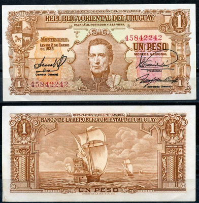 Уругвай 1 песо 1939 Хосе Хервасио Артигас, парусник, серия С Pick 35 b (4) бумага 7217-60-3-2