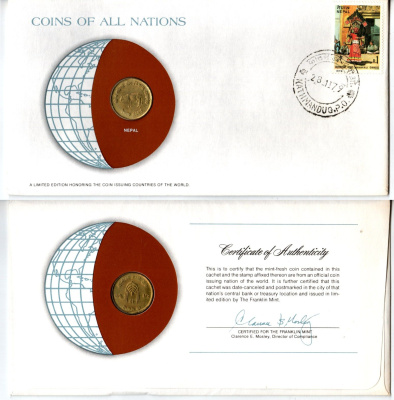 Непал 10 пайс 1971 ФАО, конверт с маркой первого дня гашения, Coins of Nations KM 766 латунь UNC 4294-63-2