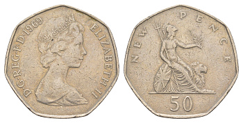 Великобритания 50 пенсов 1969 Елизавета II (1952-2022) KM 913, Spink 4223 медно-никель 4634-545