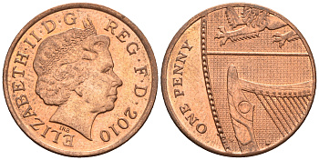 Великобритания 1 пенни 2010 Елизавета II (1952-2022) KM 1107, Spink B6 сталь плакированная медью 4609-712