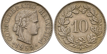 Швейцария 10 раппенов 1959 B KM 27 медно-никель 4189-355