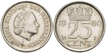 НИДЕРЛАНДЫ 25 ЦЕНТОВ 1980 ЮЛИАНА KM 183 никель 4392-557