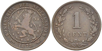 Нидерланды 1 цент 1878 Виллем III (1849-1890) KM 107 бронза 4547-1256