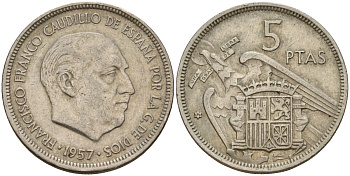 Испания 5 песет 1957 (71) Франсиско Франко (1939 - 1975) KM 786 медно-никель 4187-1133