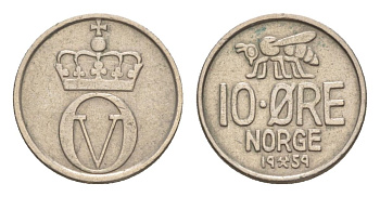Норвегия 10 эре 1959 Улаф V (1957-1991) KM 411 медно-никель 4632-1145