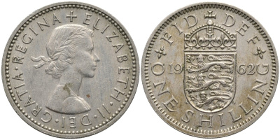 Великобритания 1 шиллинг 1962 Елизавета II (1952-2022), Английский герб KM 904, Spink 4147 медно-никель 4171-624