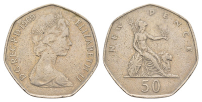 Великобритания 50 пенсов 1969 Елизавета II (1952-2022) KM 913, Spink 4223 медно-никель 4634-545