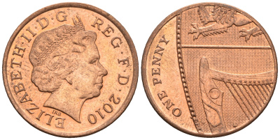 Великобритания 1 пенни 2010 Елизавета II (1952-2022) KM 1107, Spink B6 сталь плакированная медью 4609-712