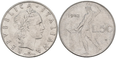 Италия 50 лир 1962 R, Бог огня Вулкан у наковальни KM 95.1 нержавеющая сталь 4571-522