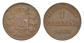 Бавария 1 пфенниг 1869 Людвиг II (1864-1886) KM 856 медь 4649-464