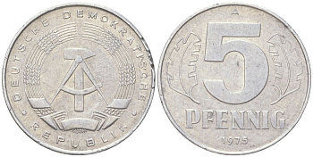 ГДР 5 пфеннигов 1975 A KM 9.1 алюминий 4613-946