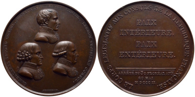 Франция медаль 1802 Консулат, мир внутри, мир снаружи, Бонапарт Наполеон, Комбасерес, Лебрен,  Первая Республика (1799-1804), диаметр 68 мм., вес 91,27 гр. бронза 00-00