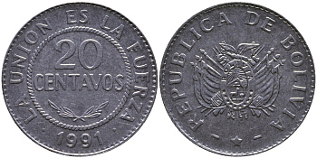 БОЛИВИЯ 20 СЕНТАВО 1991 KM 203 нержавеющая сталь UNC 4388-125