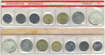 Австрия набор из 7 монет  1973  2, 5, 10, 50 грошей, 1, 5, 10 шиллингов, в целлофане KM PS 27 PROOF 4399-2-3