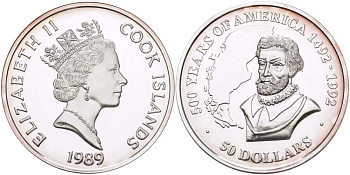 Острова Кука 50 долларов 1989 серия 500 лет открытия Америке (1492-1992), Фернан Магеллан, первое кругосветное путешествие KM 49 серебро PROOF 1085-7-62