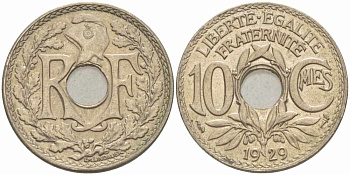 ФРАНЦИЯ 10 САНТИМОВ 1929 ТИП ЛИНДАЙЁ KM 866а, LE FRANC 138.16 медно-никель 108-211