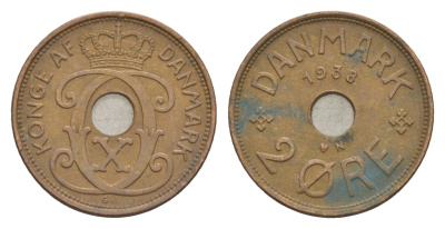 Дания 2 эре 1938 N, Кристиан X (1912-1947) KM 827 бронза 4639-762