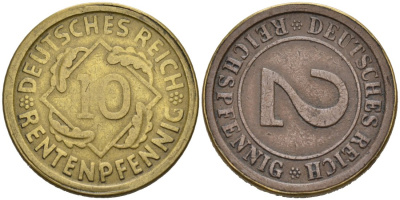 ГЕРМАНИЯ ИГРОВАЯ ПОДДЕЛКА АВЕРС 2 РЕЙХСПФЕННИГА, РЕВЕРС 10 РЕНТЕНПФЕННИГОВ 4563-727