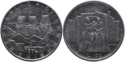 Сан-Марино 100 лир 1976 семья KM 57 нержавеющая сталь UNC 4593-1236