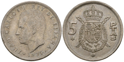 Испания 5 песет 1975 (76) Хуан Карлос I (1975-2014) KM 807 медно-никель 186-1135