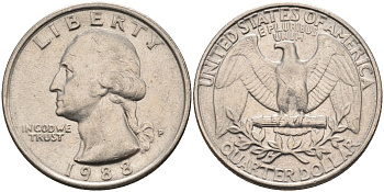 США 25 центов = квотер 1988 P, Вашингтон KM A164a медь плакированная медно-никелем 4584-1246