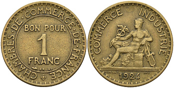 Франция 1 франк 1924 KM 876, Le Franc 218.5 алюминиевая бронза 4142-753