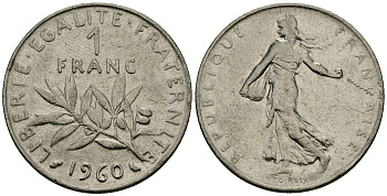 Франция 1 франк 1960 сеятель KM 925 никель 4135-812