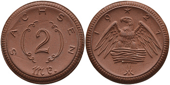 Саксония 2 марки 1921 J. N 56 фарфор 1094-2-74